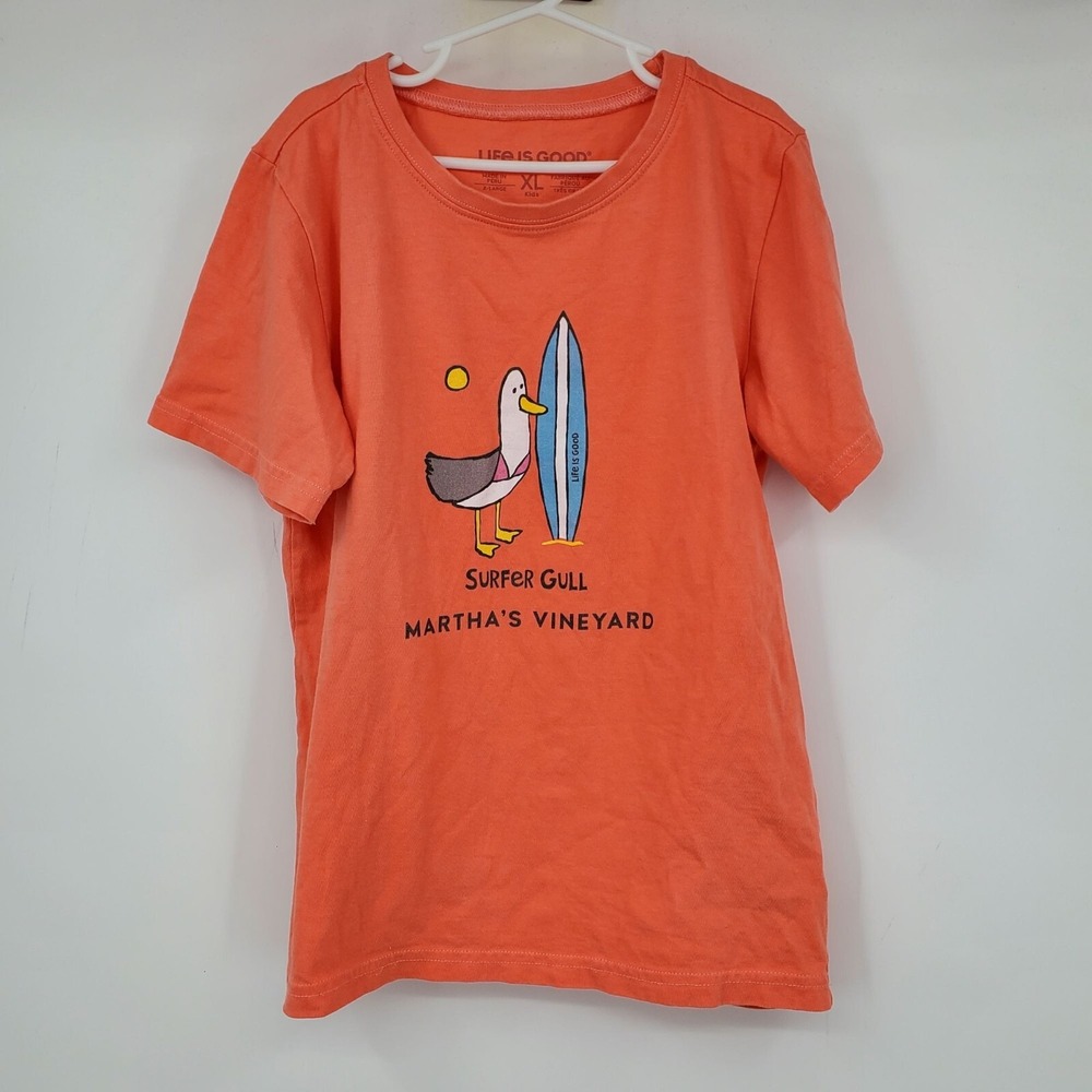 Life Is‎ Good Surfer Gull Martha's Vineyard Coral Graphic Shirt Kid's XL